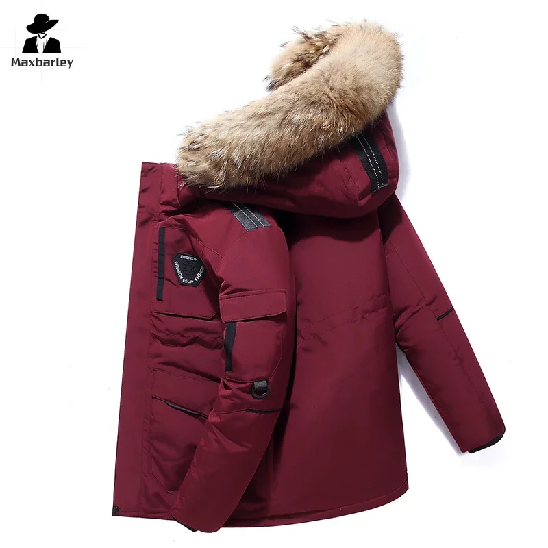 Winter Down Jacket Men's South Korea Running Fur Collar Hooded Luxury White Duck Down Warm Coat Men's Cold-proof Tooling Parka