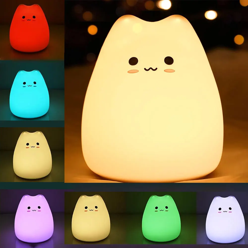 LED-kattennachtlampje voor kinderen, siliconen dier op batterijen, schattige kattennachtverlichting voor de kinderkamer, draagbaar nachtlampje