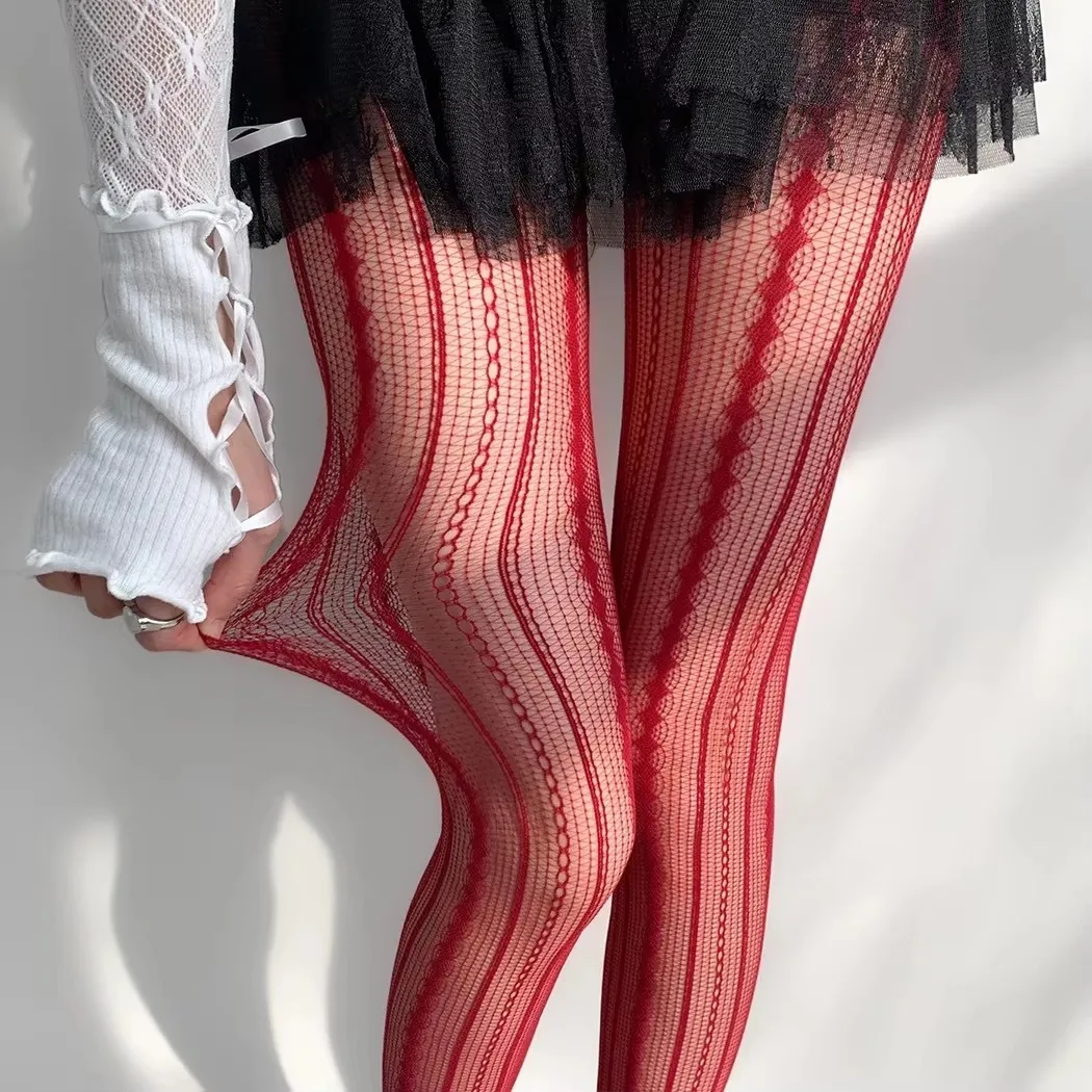 Collants en dentelle ajourés, collants en résille à motifs géométriques à rayures pour femmes