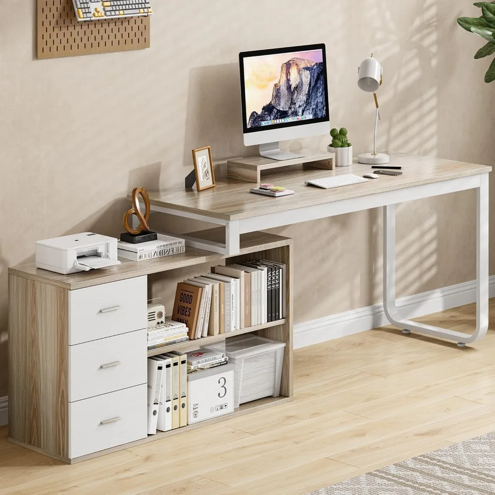 Desk with Drawers, 55 Inch L Shaped Computer Desk with Storage Shelves, Corner Desk with Removable Monitor Stand, Study