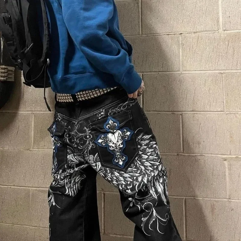 Hip hop moda y2k rua cintura alta gótico crânio geometria jeans masculino americano retro casais em linha reta calças soltas