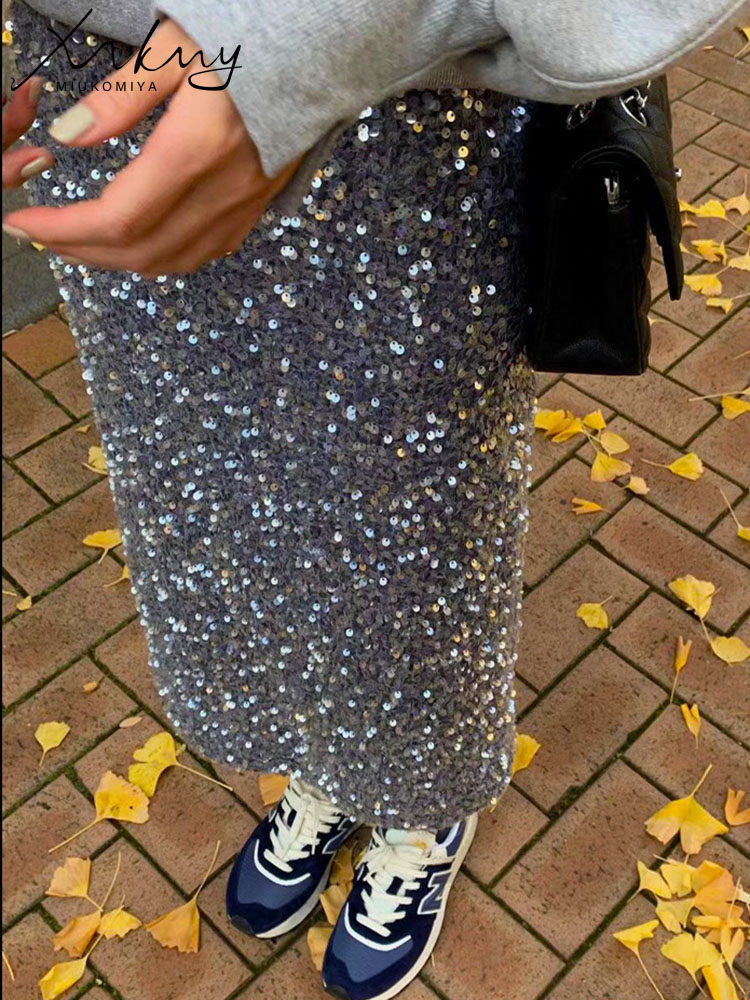 Юбка макси с высокой талией и пайетками, женская элегантная блестящая прямая юбка с разрезом, летняя весенняя черная длинная юбка с пайетками для женщин