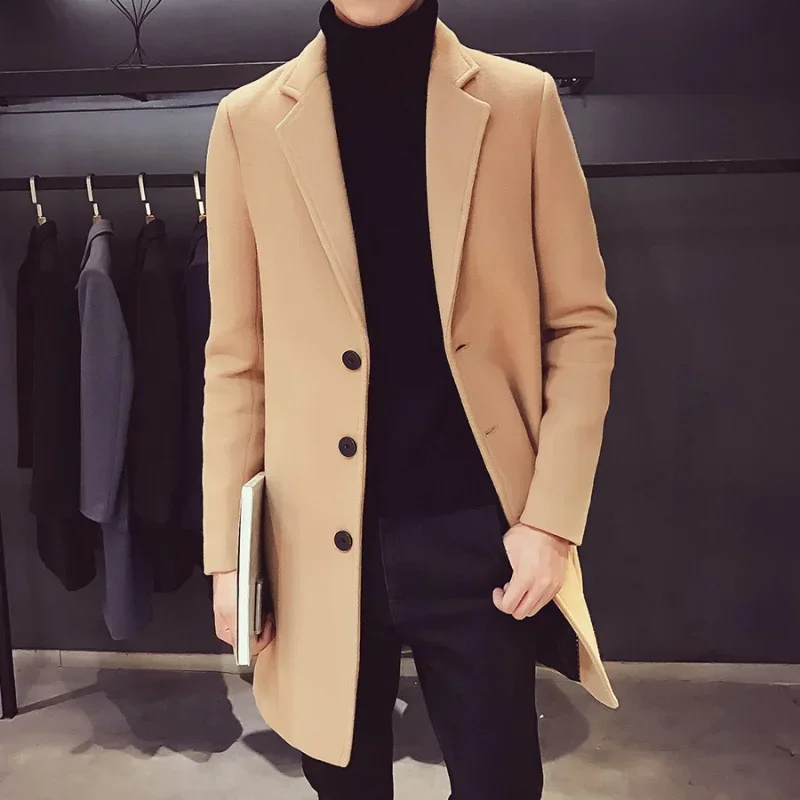 Casaco longo de algodão masculino 2024 outono inverno nova mistura de lã cor pura casual negócios moda fino blusão jaqueta roupas masculinas