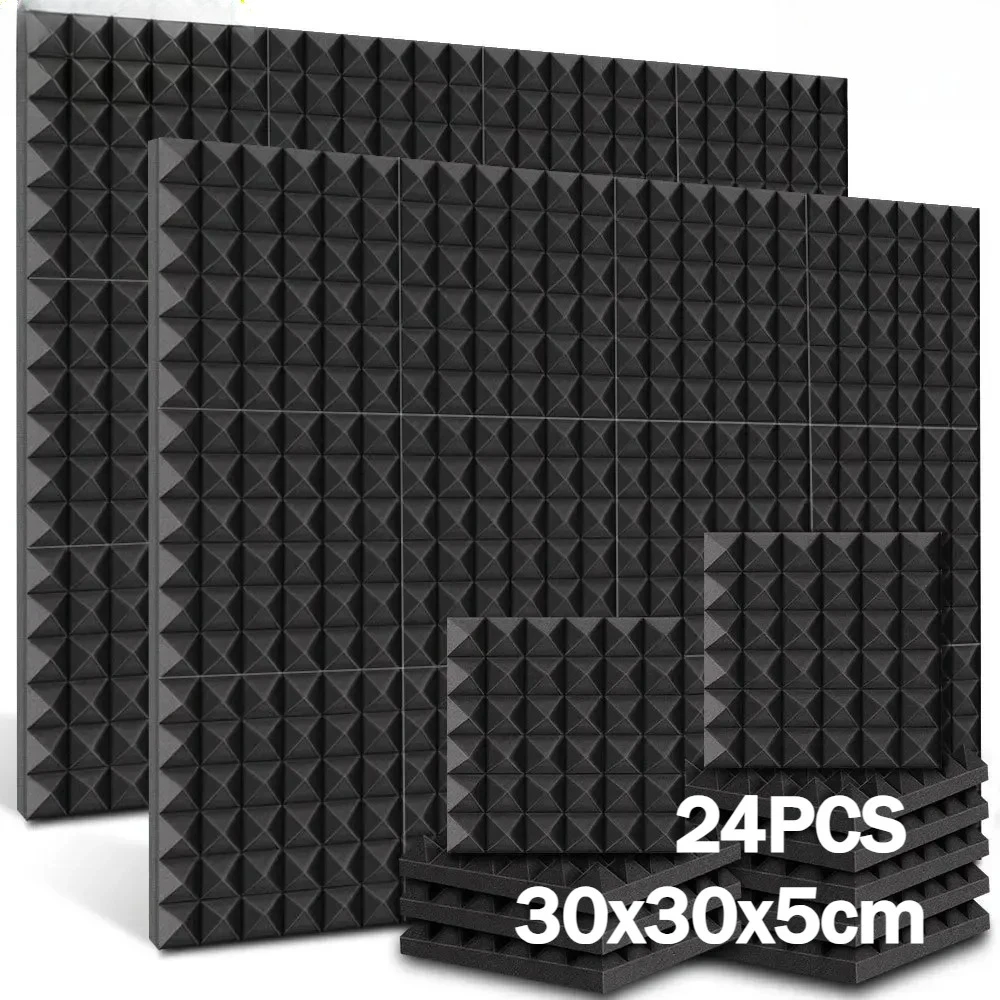 24 preto 30x30x5cm pirâmide painéis de espuma acústica estúdio tratamento de absorção de som isolamento de ruído materiais de isolamento acústico