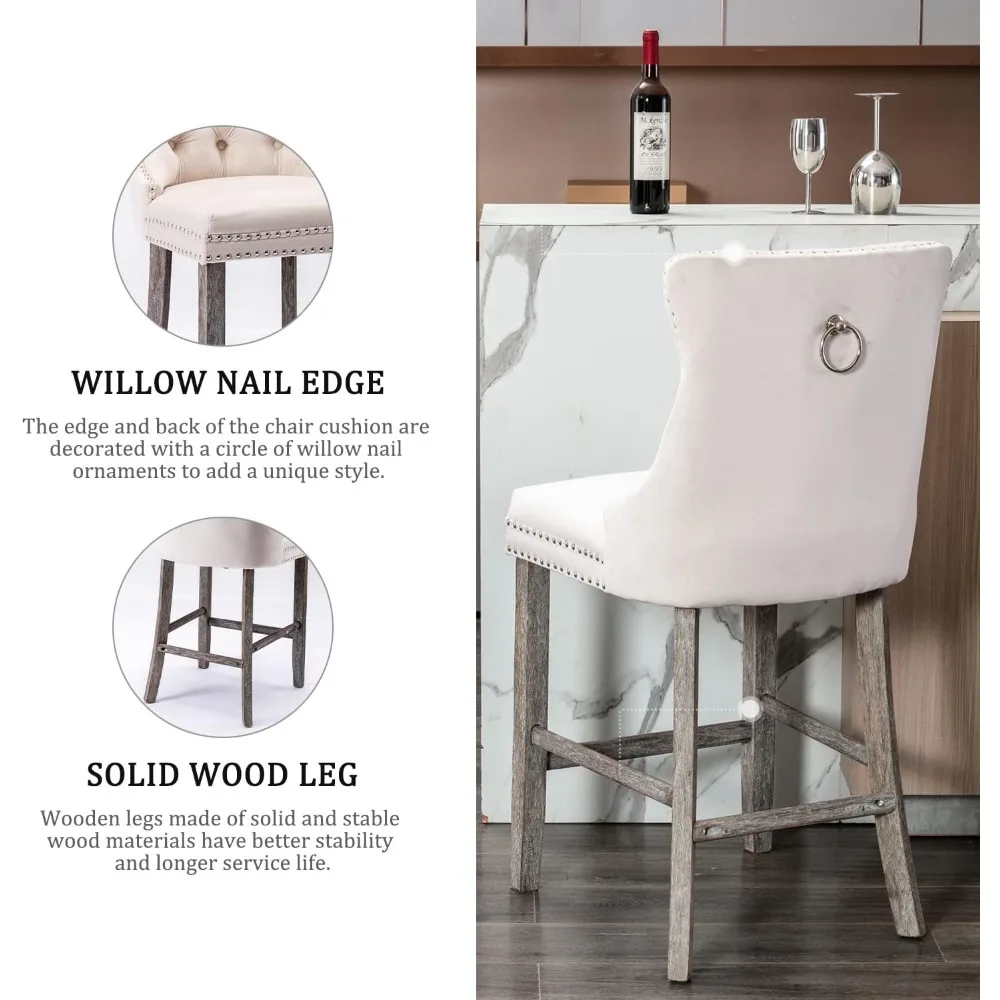 Counter Height Bar Chairs Set of 4, 27" Modern Velvet Bar Stools with Button Decor, Nailhead Trim, Solid Wooden Lege