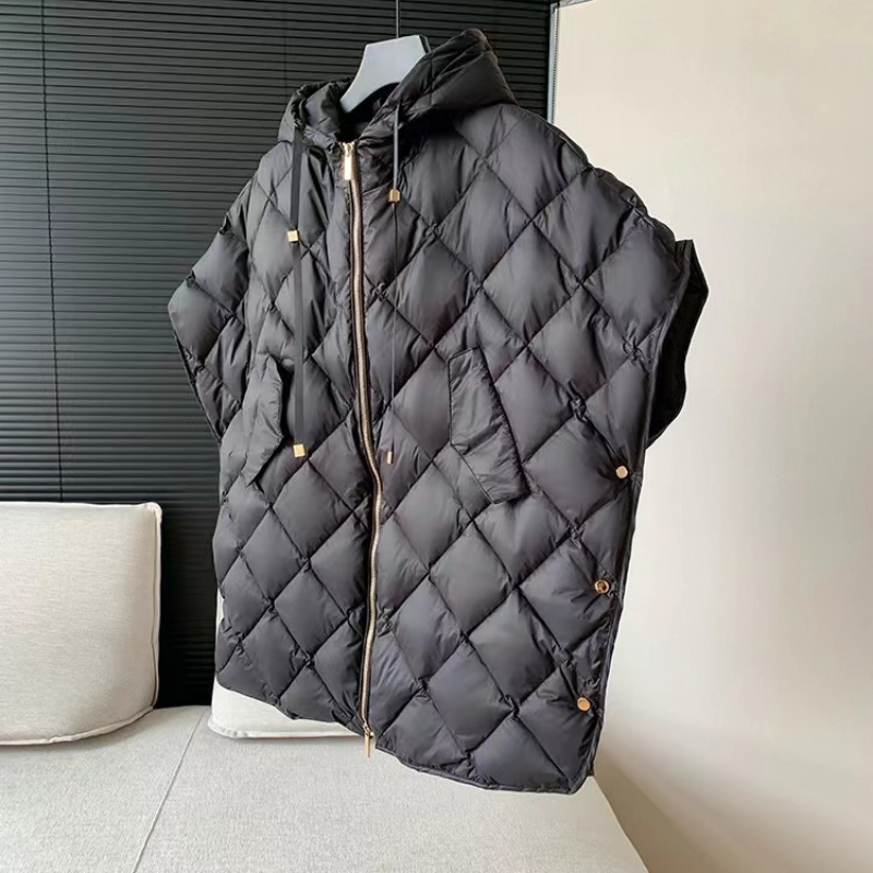 バットスリーブフグダウンチョッキ、ルーズフード付きコート、ノースリーブコート、特大のストリートウェア、白いダックダウン、暖かいファッション、冬90%