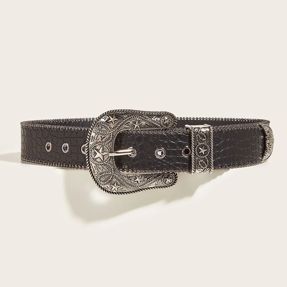 Cinturón gótico de Pu para mujer, correa de cintura con hebilla de aleación, diseño de lujo, patrón de piedra, accesorio Y2k