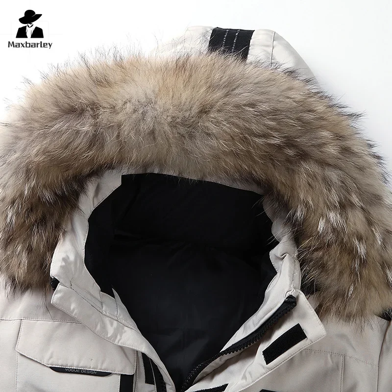 Winter Down Jacket Men's South Korea Running Fur Collar Hooded Luxury White Duck Down Warm Coat Men's Cold-proof Tooling Parka