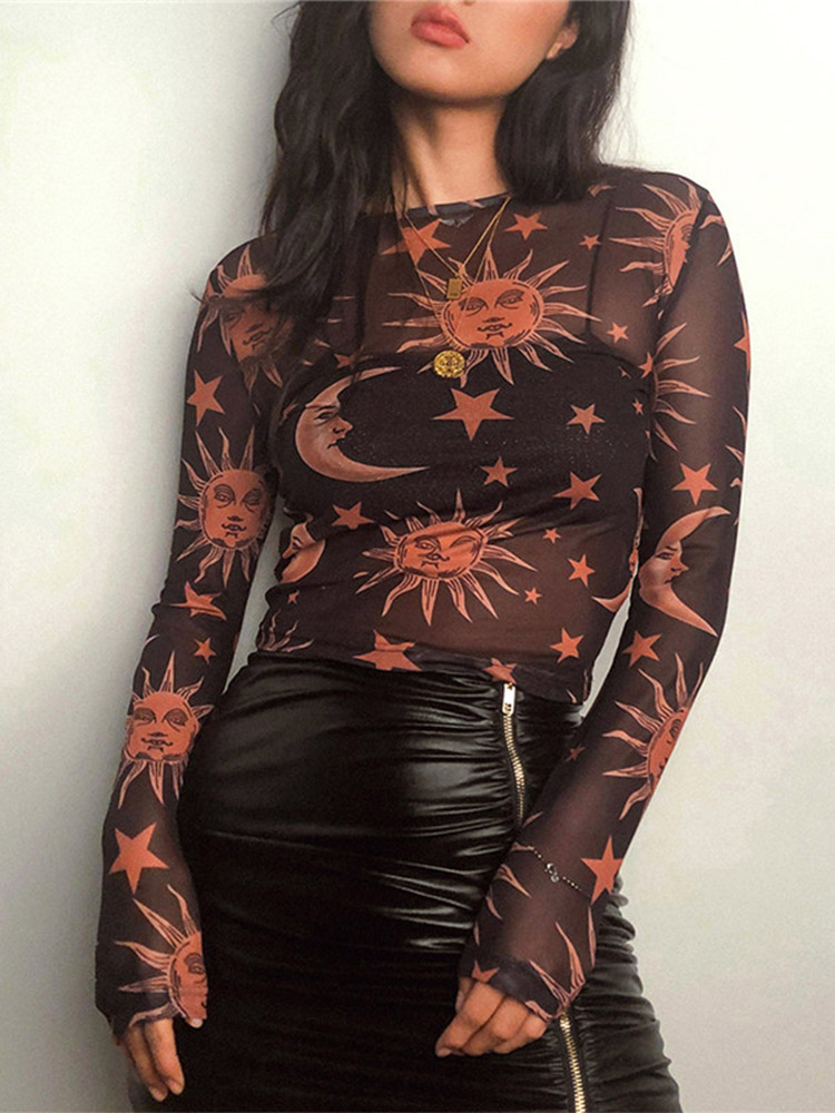 Camiseta Sexy de malla transparente con estampado de Luna y sol para mujer, blusa informal básica ajustada de manga larga con cuello redondo, primavera 2023