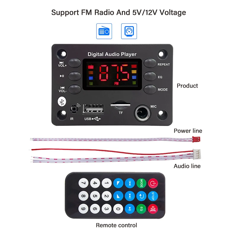 DC 5V 12V Bluetooth 5.0 MP3 WMA WAV APE Decoder Board handsfree Car Audio Microfoon USB TF FM Radio Mp3 Muziekspeler Luidspreker