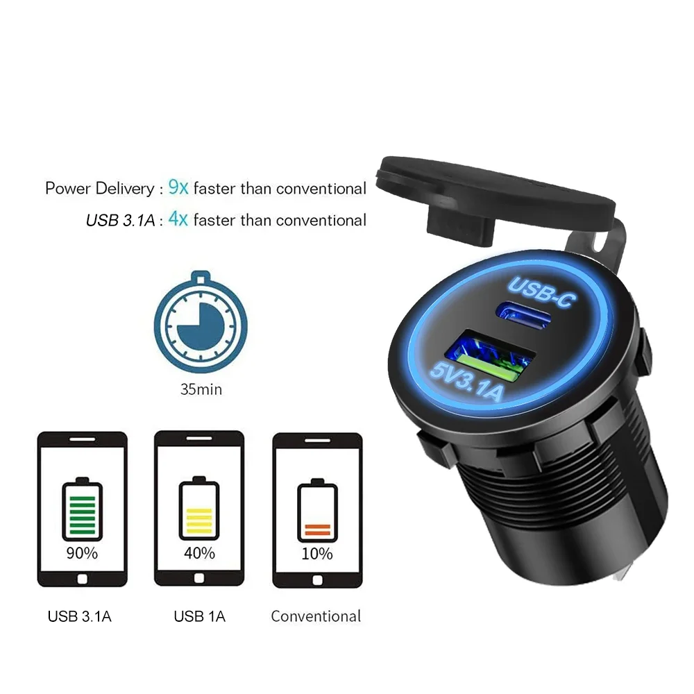 Universal Motorcycle Car Charger LED Light USB TYPE-C Charger Power Socket Cigarette Waterproof Light for Auto Truck ATV Boat