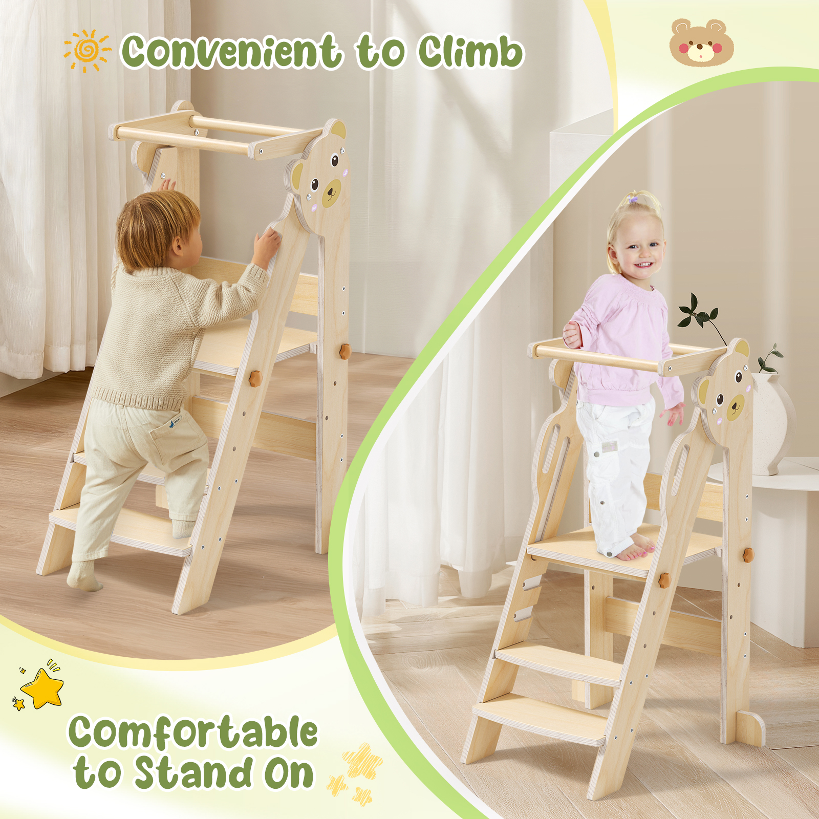 Torre Montessori plegable de altura ajustable de 3 capas, fácil de montar, torre de observación Montessori con barandilla de seguridad