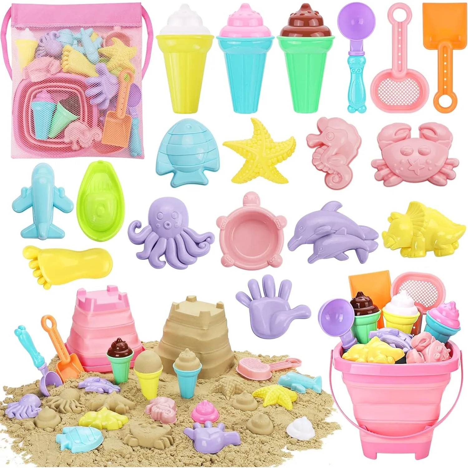 20-teiliges Strandspielzeug-Set für Kinder, Kleinkinder, Mädchen, zusammenklappbarer Sandeimer, Schaufeln, Netzbeutel, Sandformen, Eis, Reisen, Sandspielzeug
