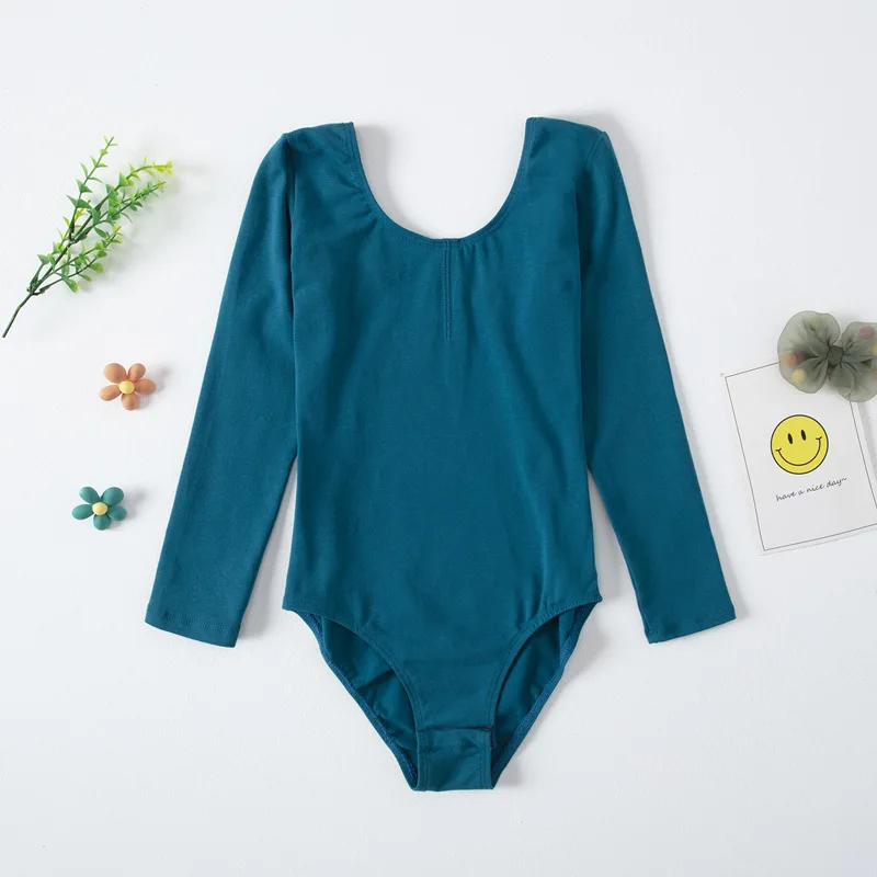 สาวบัลเล่ต์ Leotard สีดําแขนยาวผ้าฝ้ายทีม Basic สําหรับเด็กวัยหัดเดินยิมนาสติกเต้นรํา Scoop คอ Bodysuits Professional