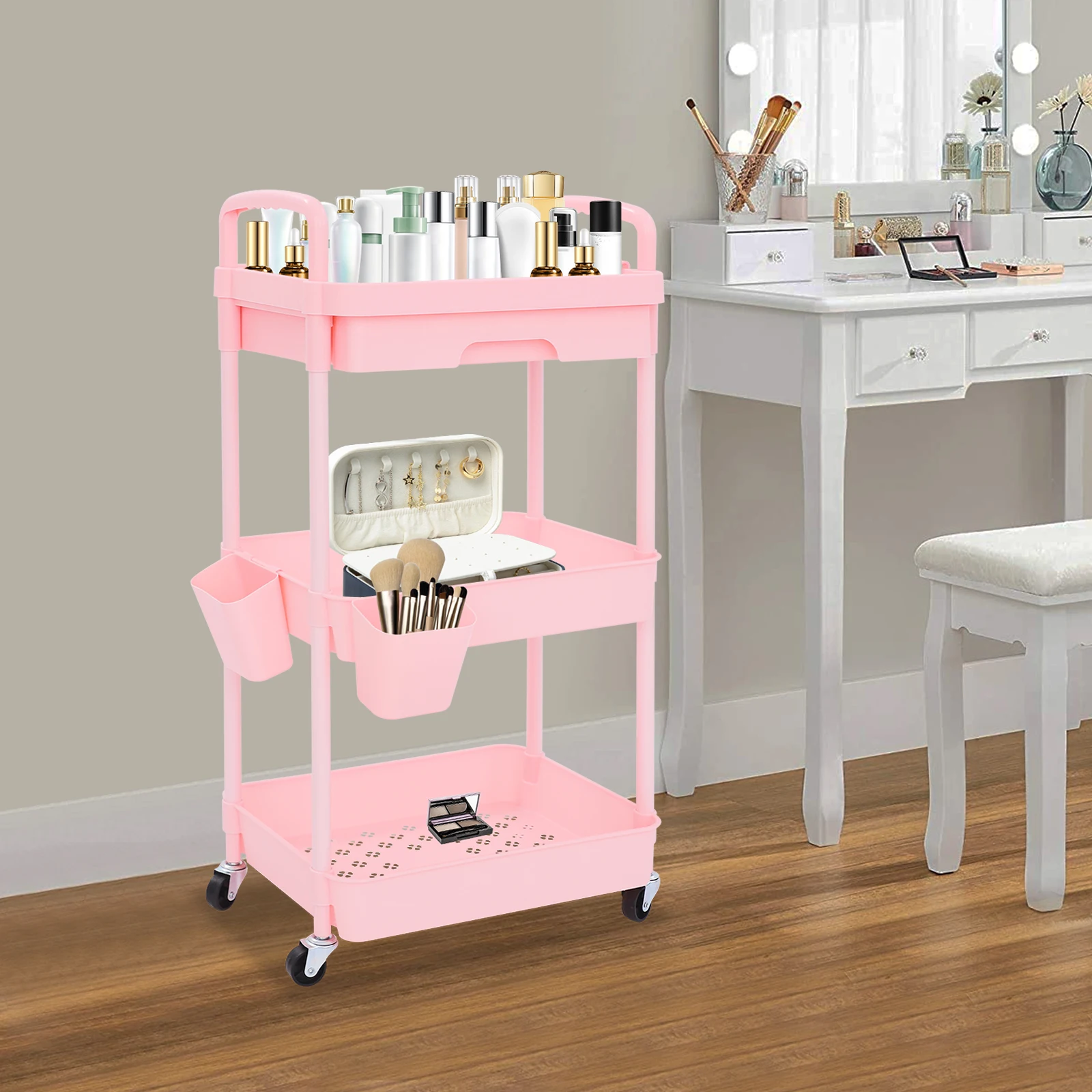 Carrello portaoggetti a 3 livelli con cassetto e rotelle girevoli per cucina, bagno, salone, lavanderia, carrello per snack, organizer mobile rosa