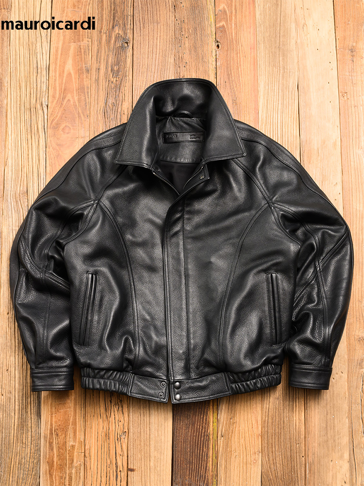Mauroicardi 春秋クールハンサム黒ハード Pu レザージャケット男性ジッパー高級デザイナーアメリカンヴィンテージ服 2024