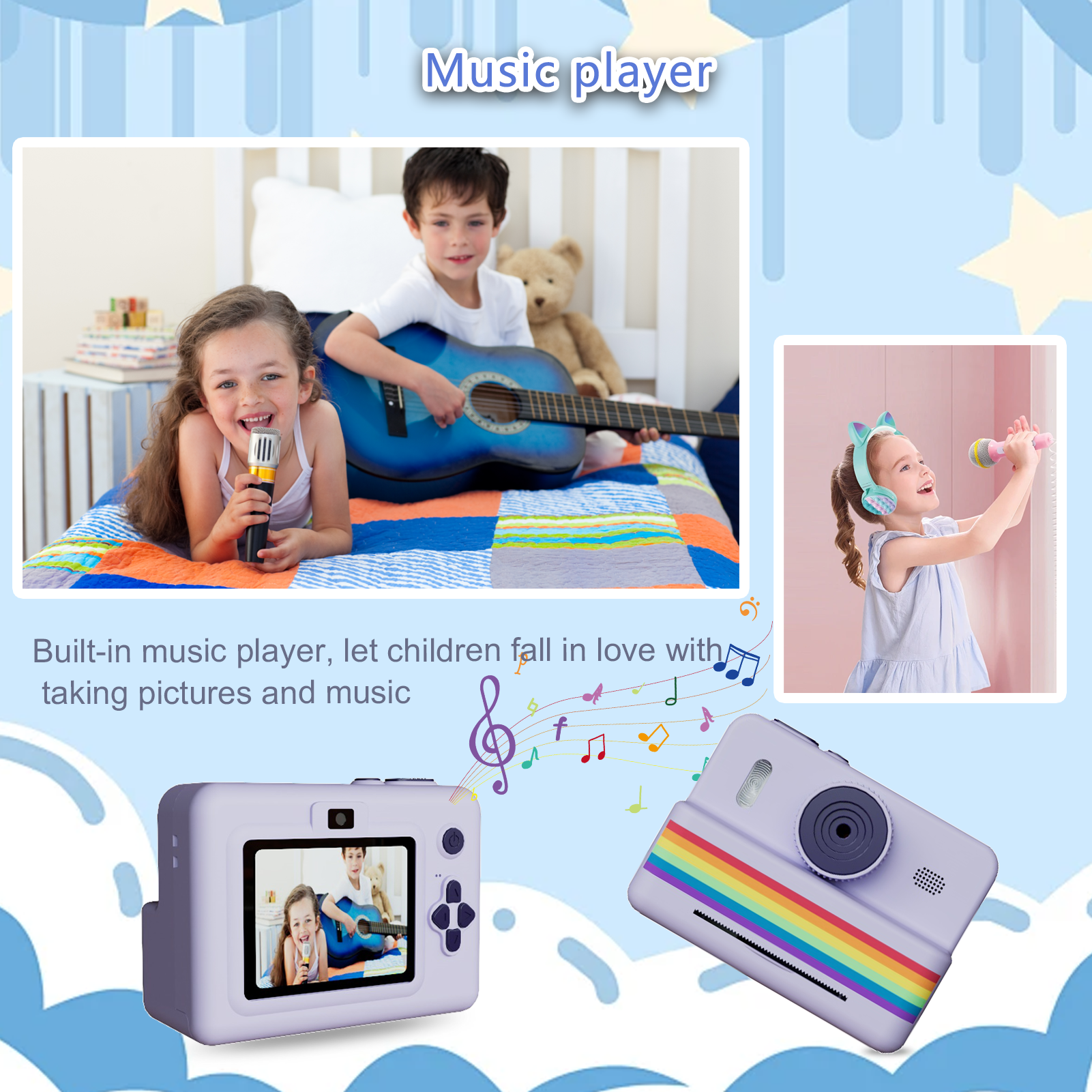 Câmera de brinquedo de impressão instantânea com tela de 2,8 polegadas com cartão SD de 32 GB, 3 rolos de papel de impressão, câmera portátil de alta definição, insta