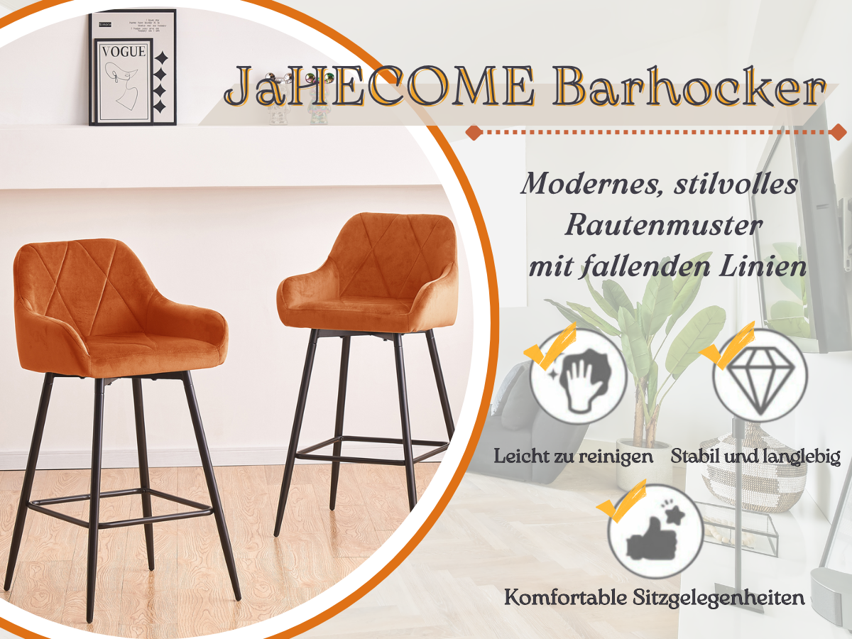 JYMTOM 2/4-Set Barhocker Tresenhocker Bistrohocker Velvet/PU-Bezug Barstühle mit Armlehne, modischer Hocker mit schwarzem Metall