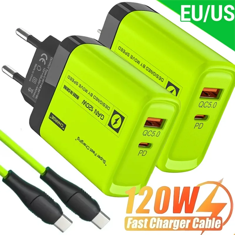 Kit de cargador USB C de 120W, enchufe de pared verde, adaptador UE/EE. UU., carga rápida para iPhone, iPad, Samsung, Xiaomi, Cables de datos USB tipo C