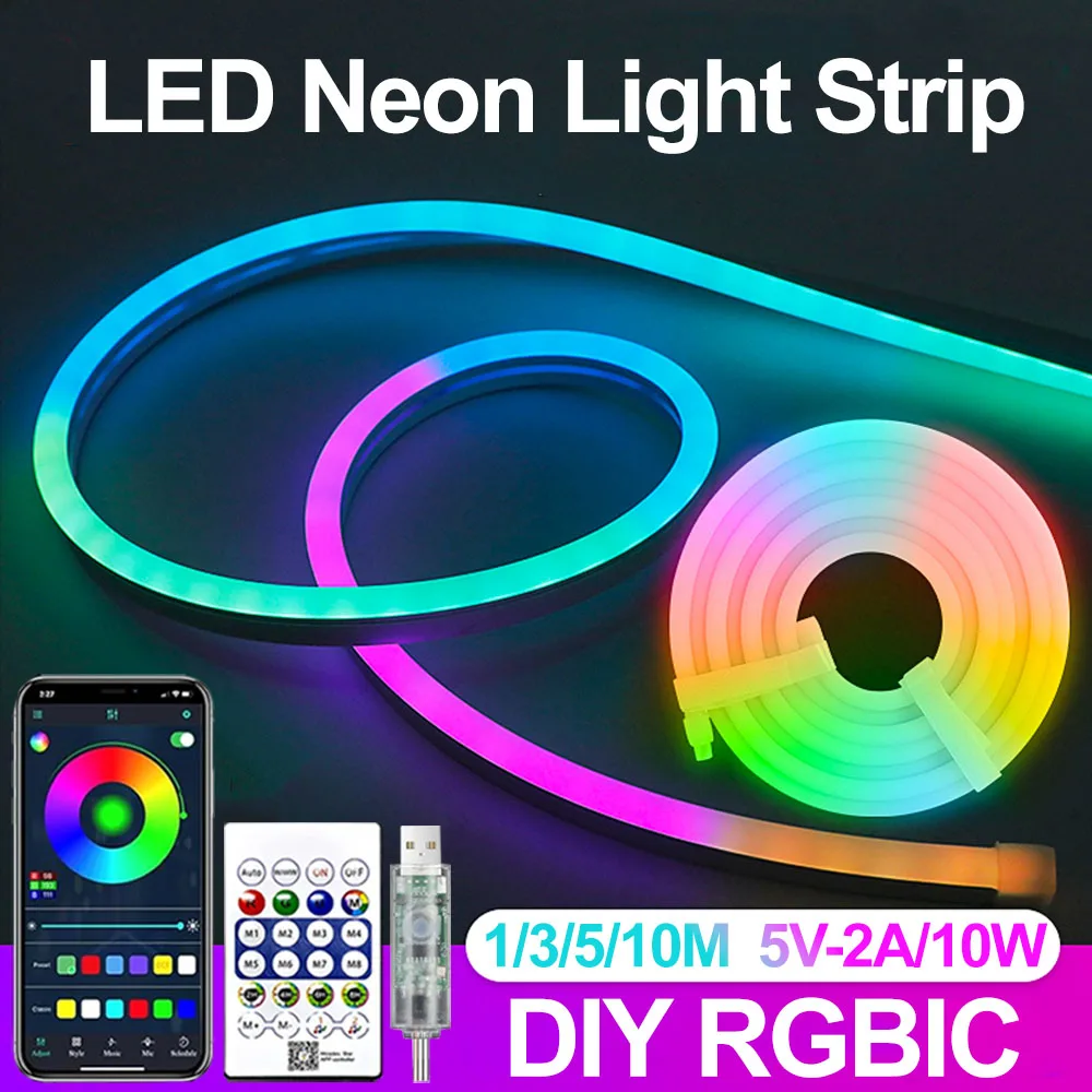 RGBIC Musical Neon LED Strip Lights with Remote, APP Control DIY Screen Pattern, USB 5V IP65 Waterproof for Xmas Halloween Party