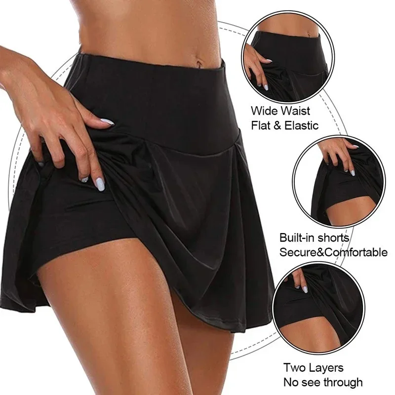 Falda corta deportiva para mujer, falda antideslumbrante para fitness al aire libre, falda de yoga plisada falsa de dos piezas de cintura alta y cinchi de cintura