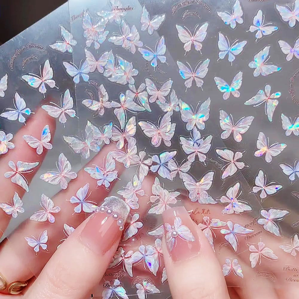 Pegatinas para uñas de mariposa de concha de Aurora púrpura rosa, pegatinas para uñas de mariposas 3D con láser brillante, adhesivo de 8x10cm, mariposa de concha de Aurora N