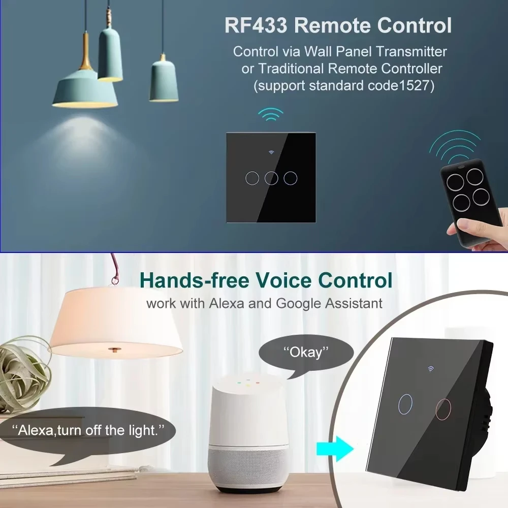 220V senza neutro EU 1/2/3/4 Gang EU WiFi RF 433mhz Smart Wireless Touch Lampada da parete con pulsante interruttore Tuya Alexa Google