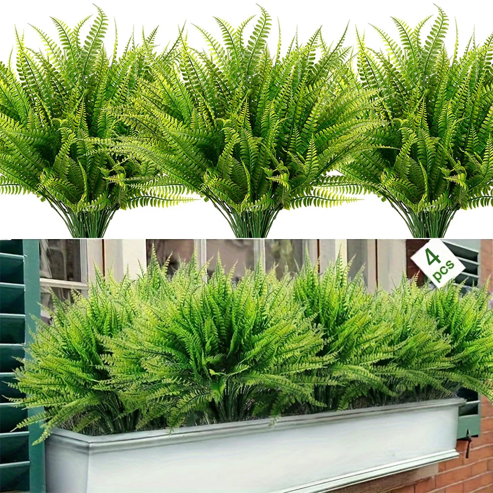 4 mechones de plantas artificiales, helechos de Boston falsos, arbustos de imitación, planta verde resistente a los rayos UV para el hogar, jardín, decoración de patio al aire libre
