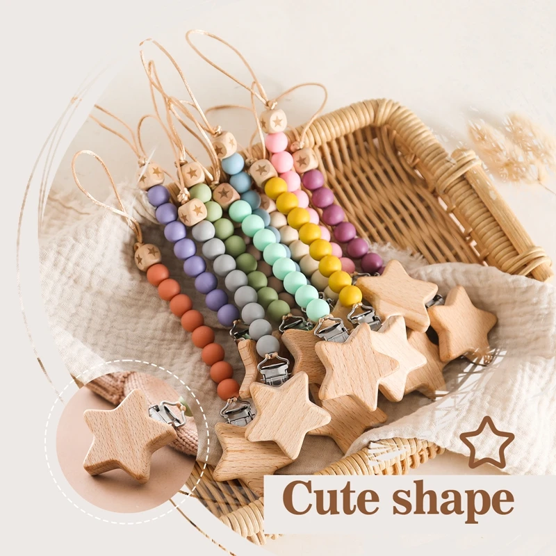 คลิป Pacifier ทารกจุกนมผู้ถือ Pacifier CHAIN Dummy ผู้ถือ Pacifier คลิป Beech ไม้ Star Pacifiers สําหรับทารกแรกเกิดของเล่น