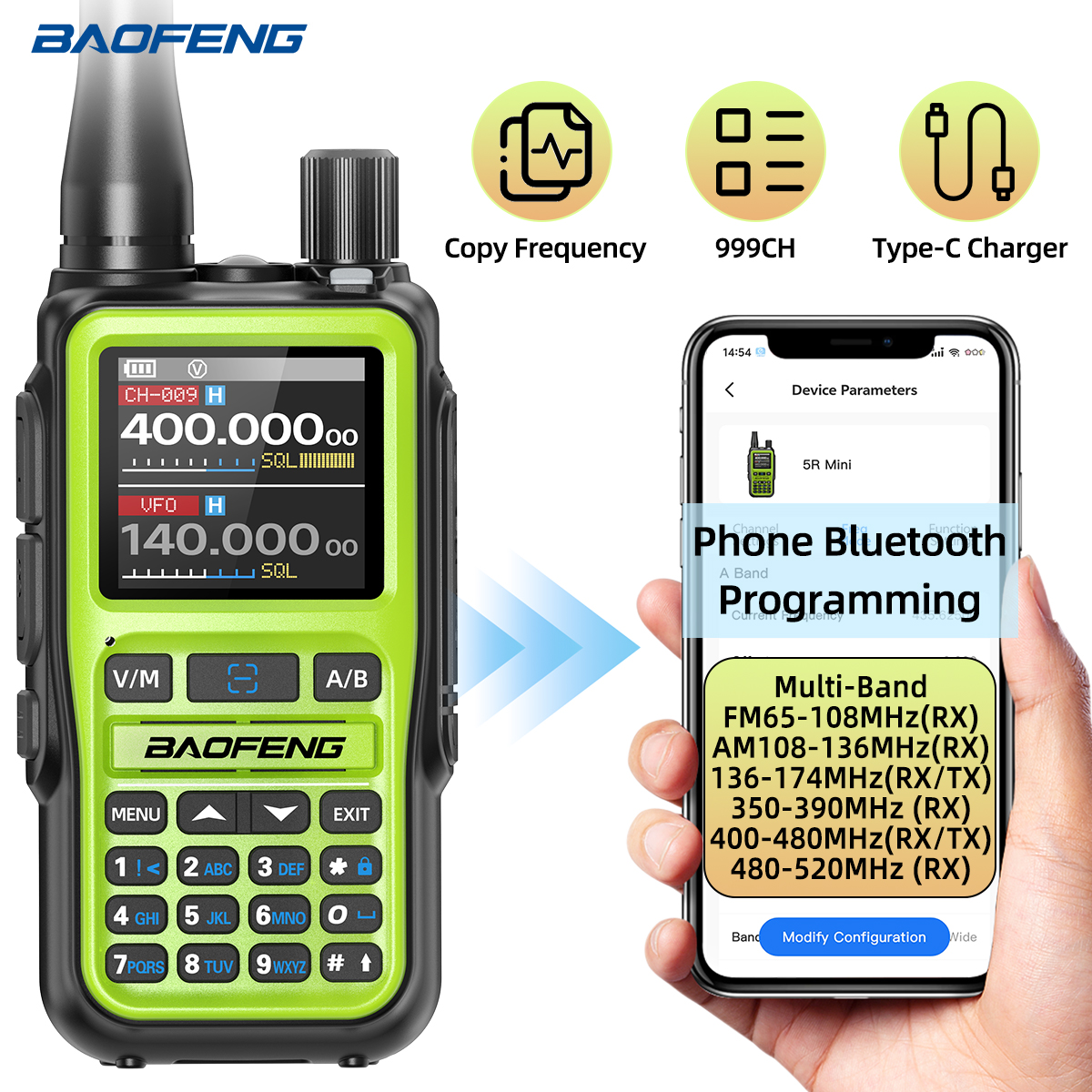 BAOFENG UV-5R Mini Walkie Talkie Air Band Bluetooth Programming Wireless Copy Frequency 999CH Full Band Long Range Two Way Radio