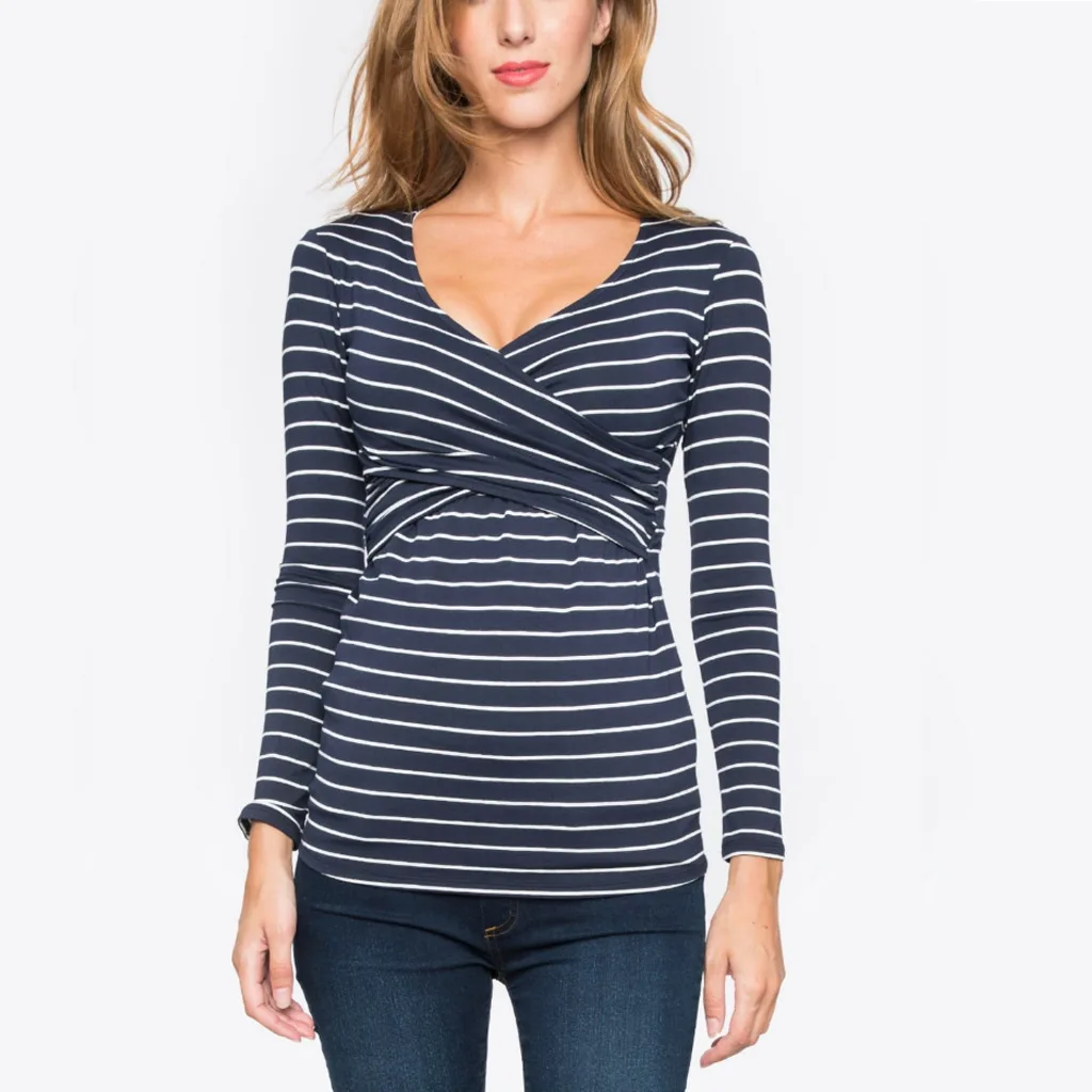 新しい妊婦 Tシャツマタニティブラウス授乳カジュアル長袖トップスストライプ妊娠授乳看護シャツ