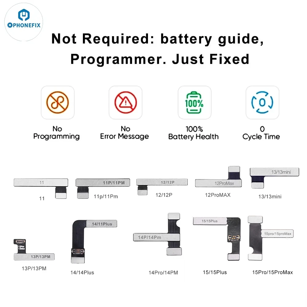 Cable flexible con etiqueta de batería preprogramado PHONEFIX para iPhone de 11-15PM, se puede verificar la extracción de advertencia genuina como batería flexible JC
