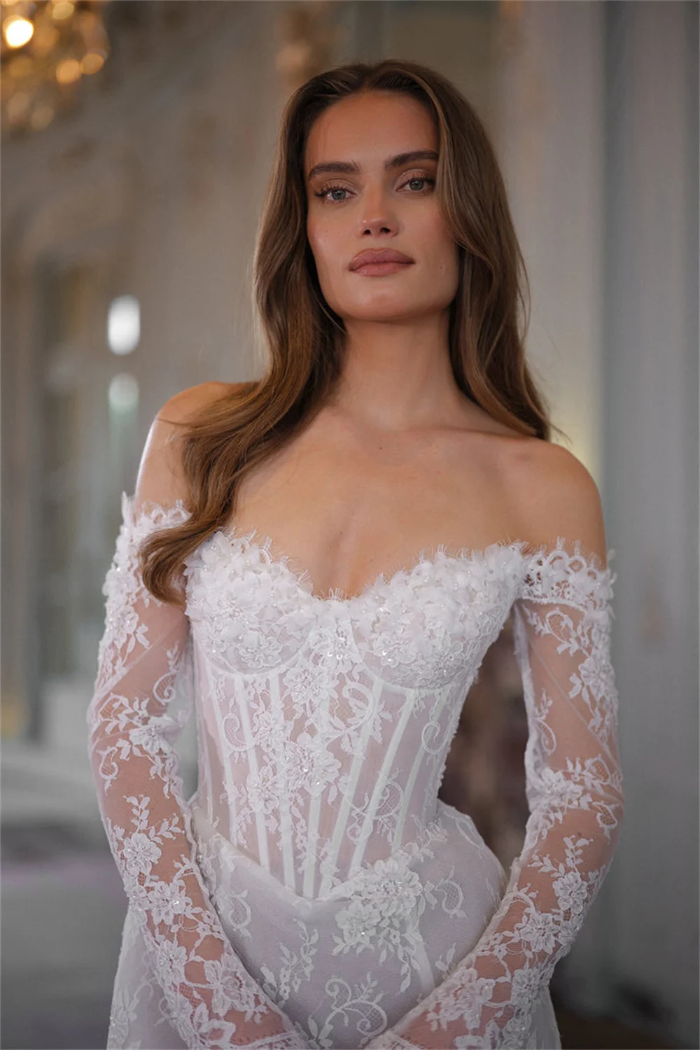 Kyoto Abito da sposa personalizzato avorio con applicazioni in pizzo squisito con lacci e maniche lunghe فستان Ş12] Guaina dopo la festa