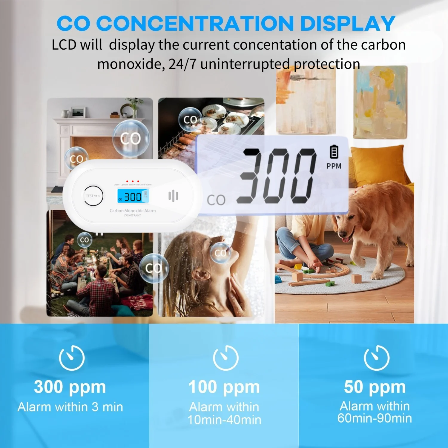 Detector de CO inteligente Wi-Fi V-COME con control de aplicación Tuya, alarma de monóxido de carbono WiFi con batería de litio de larga duración, EN50291/CE