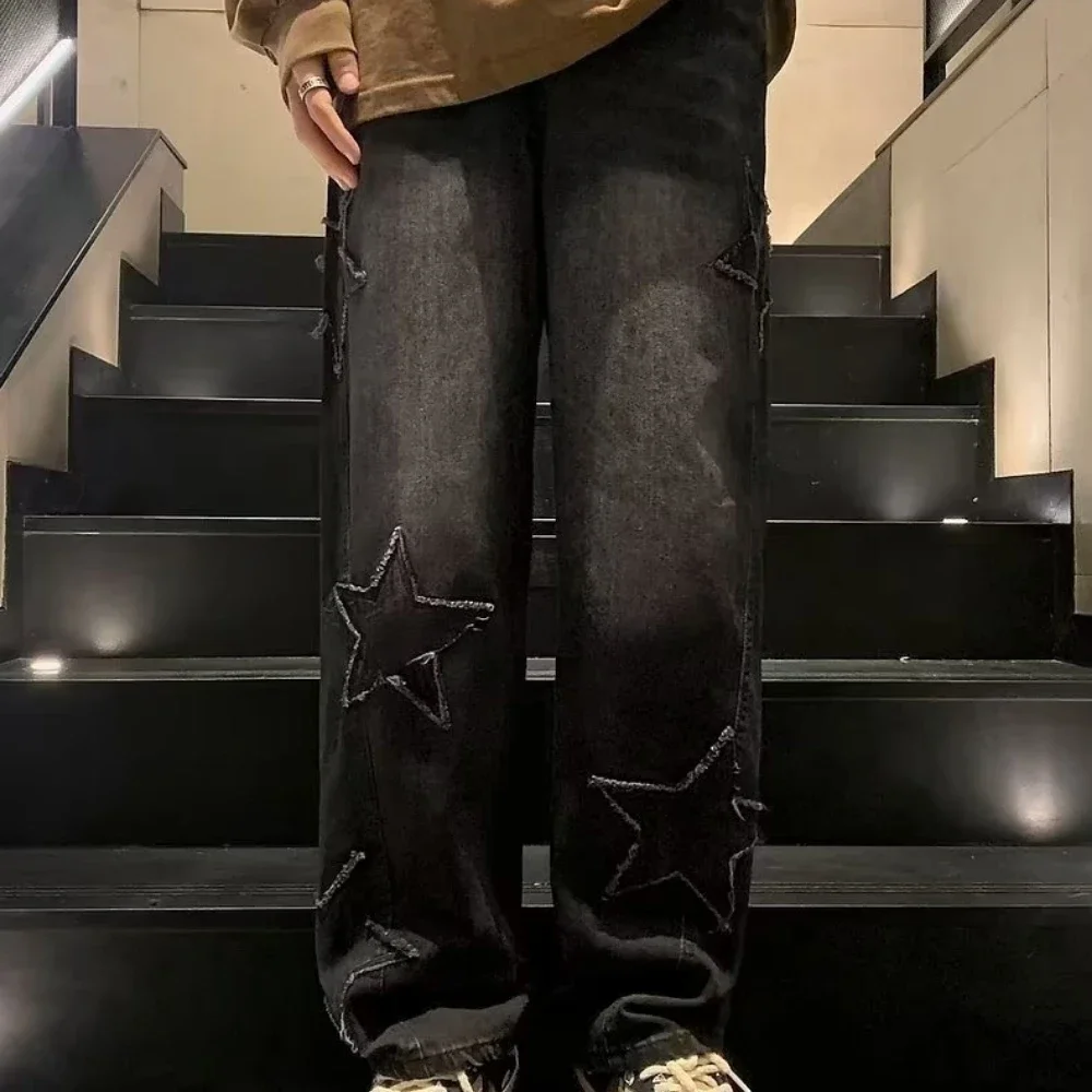 Pantalones vaqueros rectos informales con bordado de estrellas para hombre, estilo gótico neutro, pierna ancha, ropa informal estilo Hip-hop, pantalones vaqueros Y2K para hombre