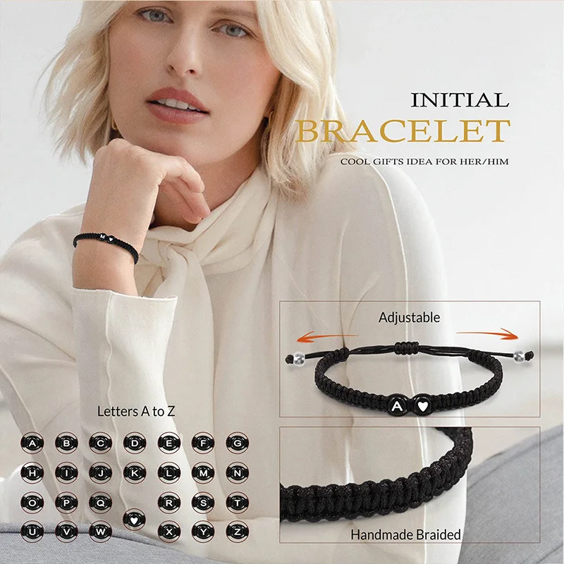 26 Letters Initial Heart Bracelets Handmade Adjustable A-Z Name Braided Bracelets For Women Men Friendship Jewelry Gifts