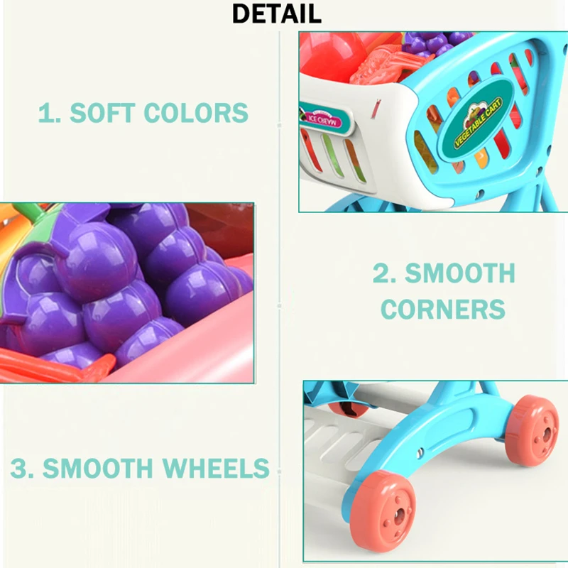 Conjunto de brinquedos educativos para crianças, carrinho de compras de supermercado com carrinho de corte de comida, frutas, jogo simulado, 15 peças de simulação para meninas