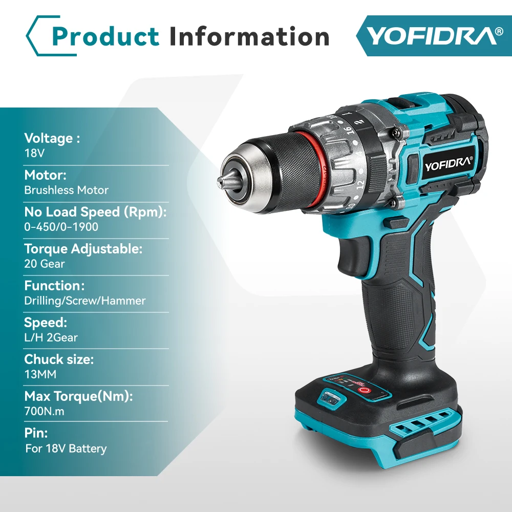 YOFIDRA 13MM 700N.m ブラシレス電動インパクトドリル 20+3段階トルク コードレススクリュードライバー DIY電動工具 マキタ18Vバッテリー対応