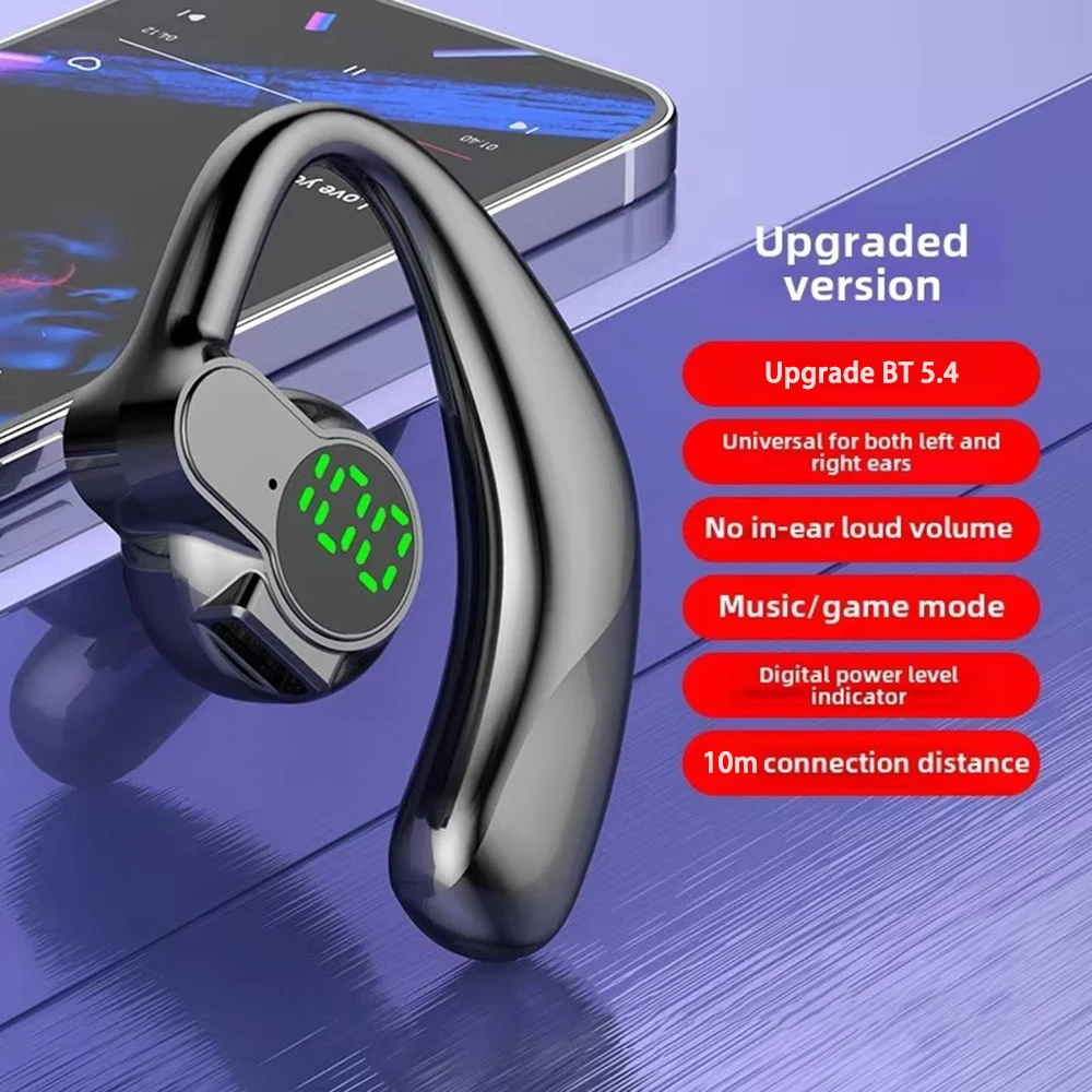 Draadloze Bluetooth 5.4-hoofdtelefoon, lange batterijduur, digitaal display met één oor, sport-, slaap- en muziekhoofdtelefoon