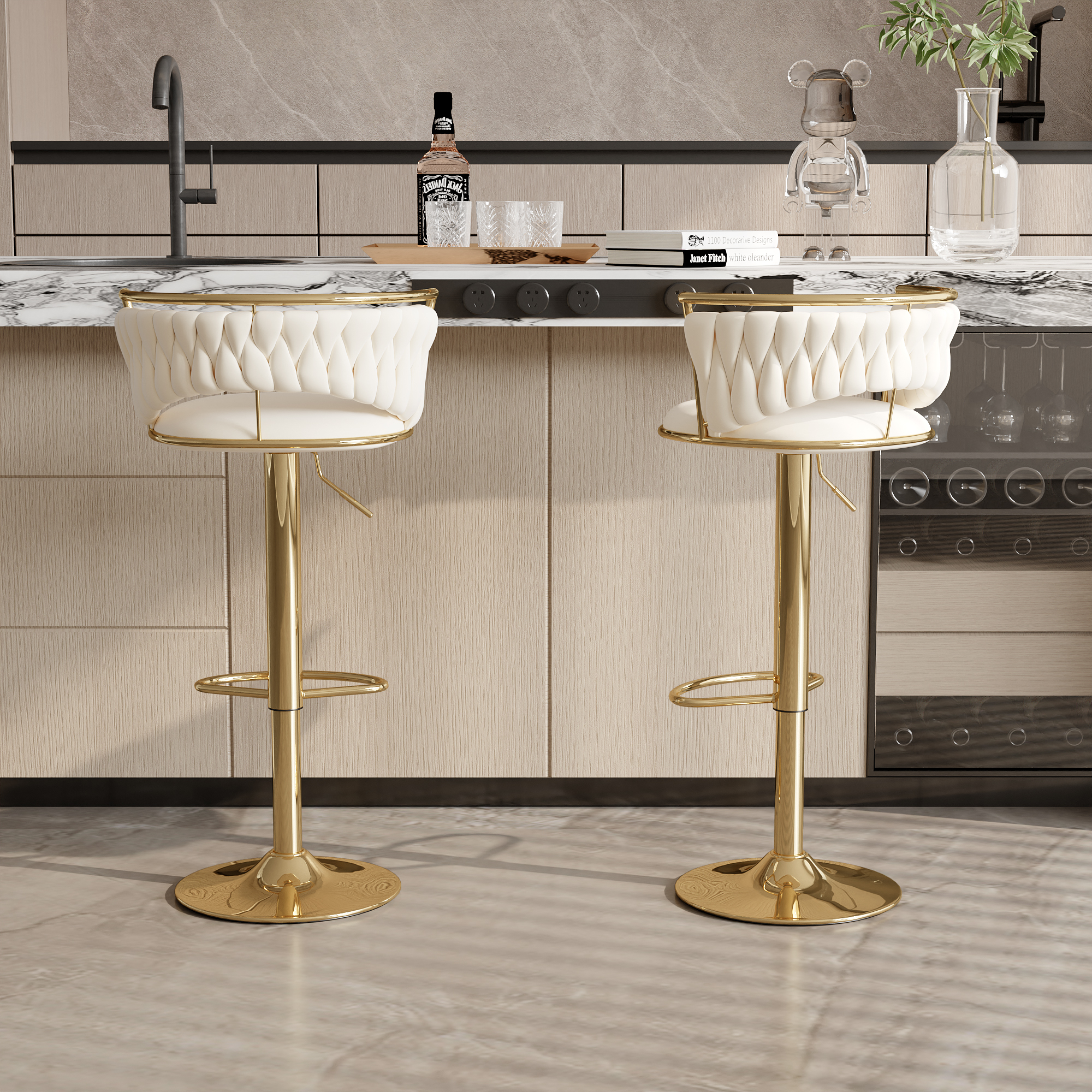 Taburetes de Bar de terciopelo giratorio 360 °, Juego de 2 sillas de mostrador ajustables con reposapiés para cocina, comedor, 2 unidades por juego