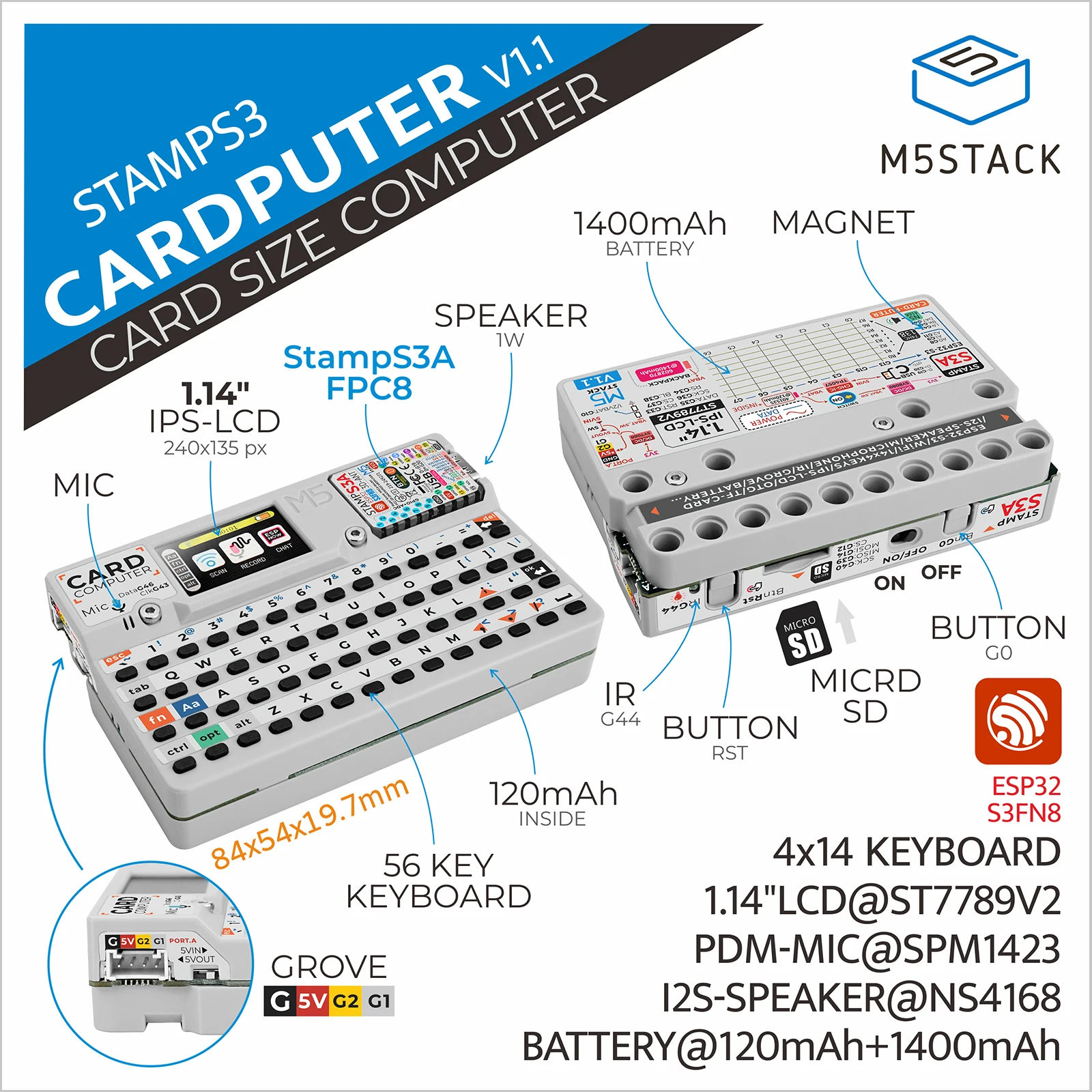 Официальный Cardputer M55Stack v1.1 с платой M5stampS3A ESP32-S3, портативный компьютер, 1,14-дюймовый экран, 56-клавишная клавиатура, карта