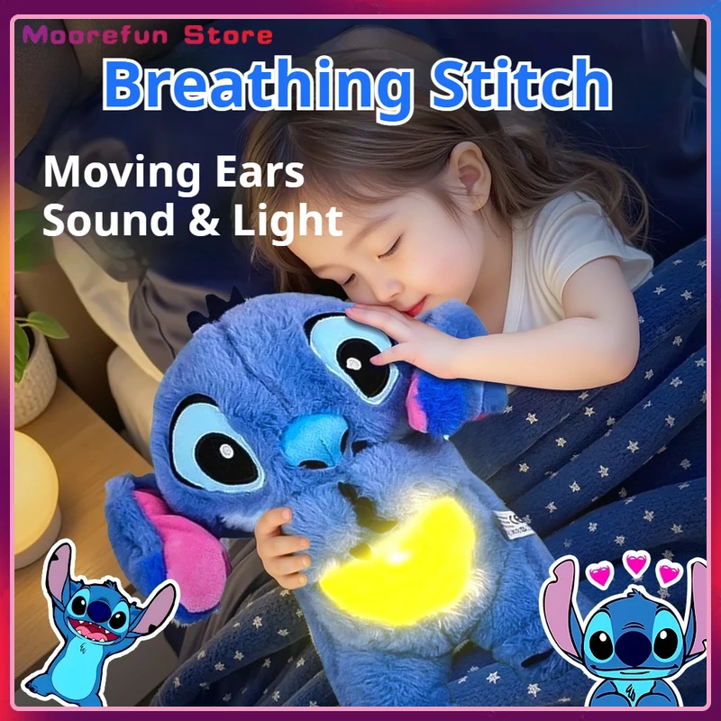 Bambola di peluche Kawaii Stitch per bambino, compagno di sonno, suono musicale rilassante con airbag e luce, regali di giocattoli respiratori