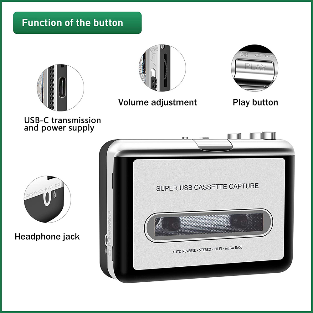 Portable Cassette Player Recorder Tape to mp3 converter Type C to USB Cassette Capture Audio Music Radio Player