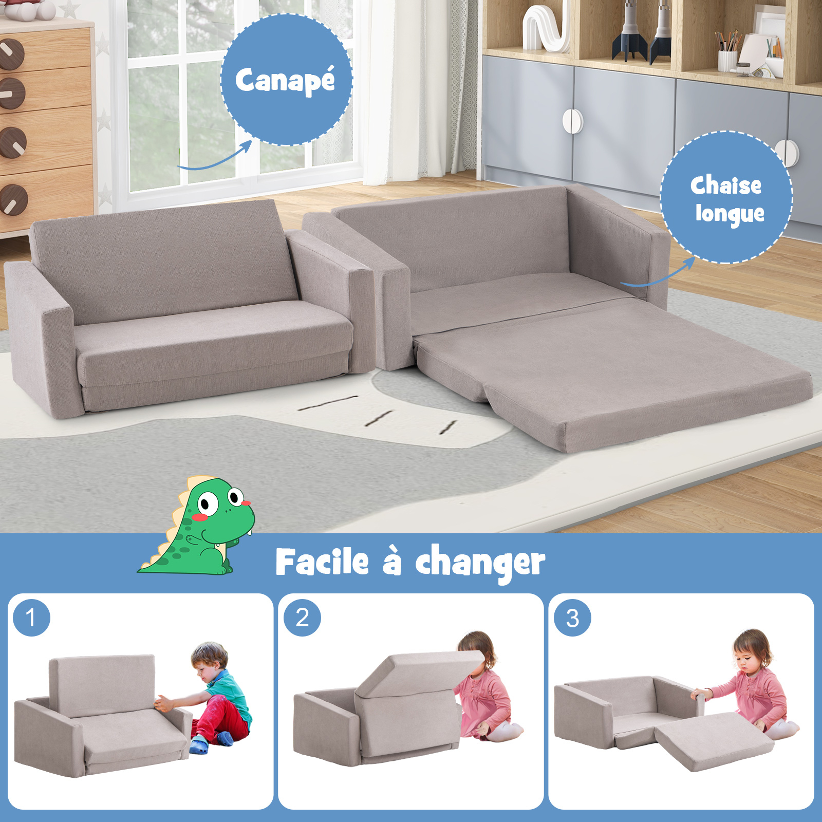 2 en 1 Canapé-lit Enfant en Flanelle Textile avec Conception Ergonomique & Dossier Large, Fauteuil Enfants Convertible avec Housse Amovible & Lavable, Charge 50kg pour 18-36 Mois