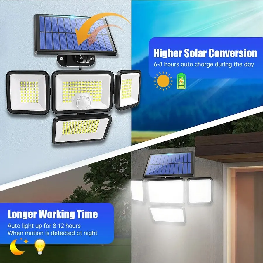 ไฟพลังงานแสงอาทิตย์สําหรับภายนอก 247 LED IP65 กันน้ํา 800lm โคมไฟติดผนังพลังงานแสงอาทิตย์พร้อมรีโมทคอนโทรล 4 หัวพลังงานแสงอาทิตย์น้ําท่วมไฟถนน