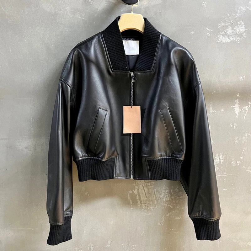2024 neue frauen Aus Echtem Leder Jacken Mode Streetwear Lose Drop-schulter Stehkragen Kurze Casual Schaffell Leder Mantel