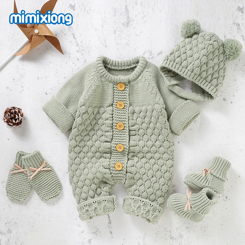 Peleles para bebé, gorros, conjuntos de ropa para niña recién nacida, monos tejidos para niño, trajes de Otoño Invierno, monos infantiles de manga larga para niño pequeño, 2 uds.