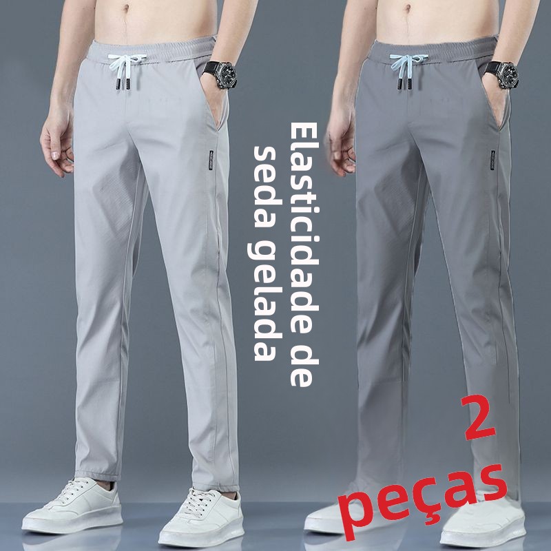 Calças Casuais Masculinas Ultra-Finas de Seda Gelada, Soltas, Respiráveis, com Pernas Retas, Secagem Rápida, Cintura Elástica...