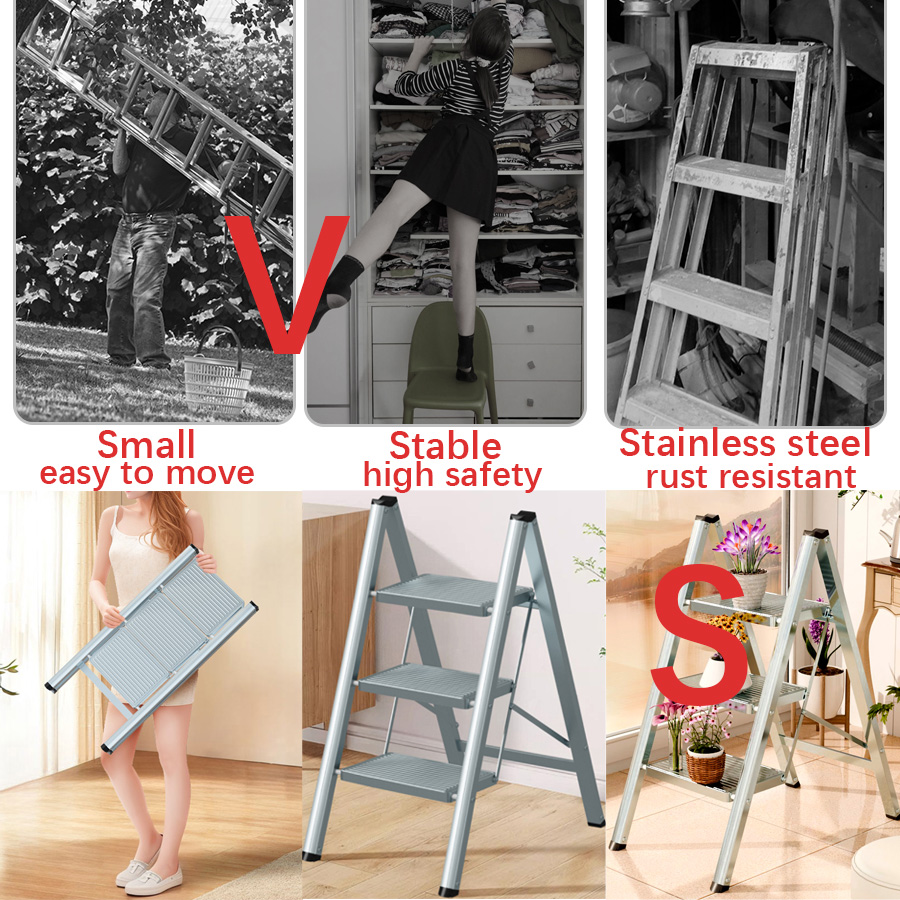Custom 2.9ft Heavy Duty Folding Three-step Ladder Stool 885mm Lightweight Foldable Stainless Steel 3 Step Kitchen Ladder For Win