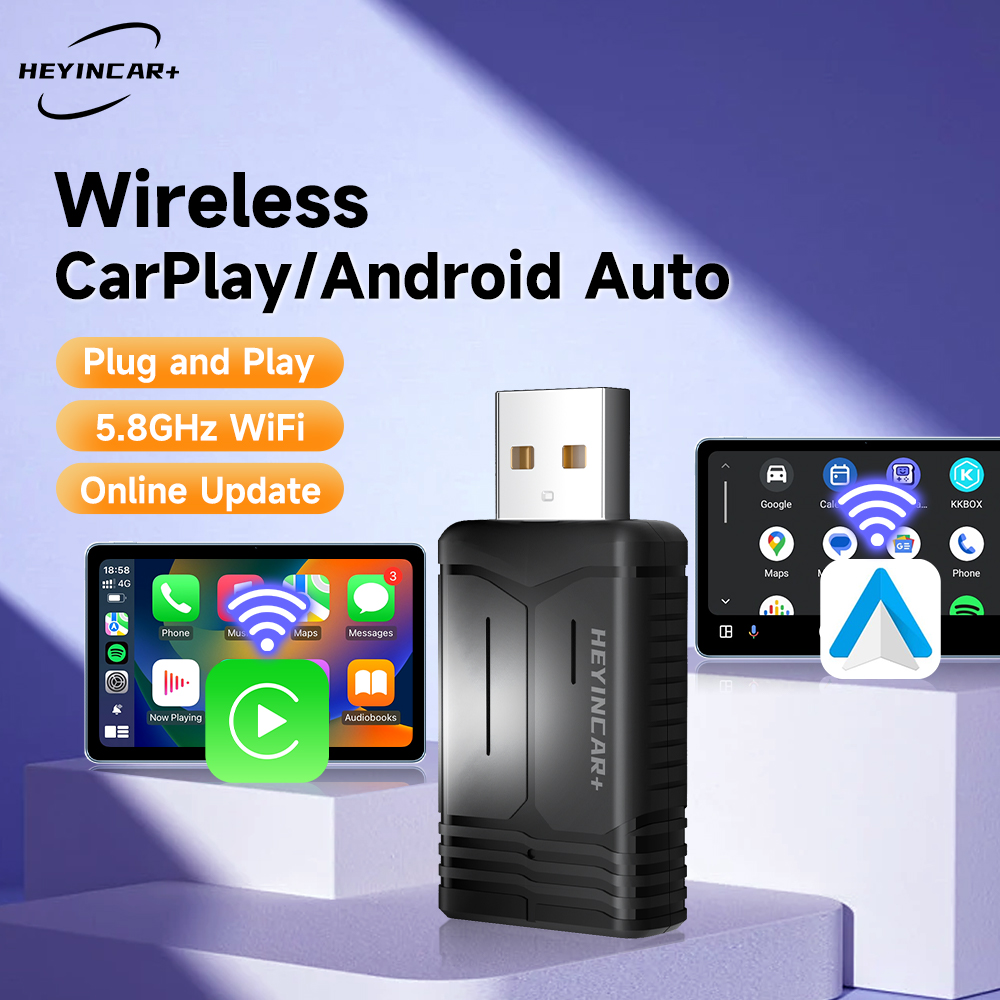 2024 HEYINCAR 2IN1 무선 어댑터 안드로이드 자동 무선 CarPaly Box 2.4G 및 5.8Ghz WiFi BT 유선 AA CP 자동차 용 자동 연결